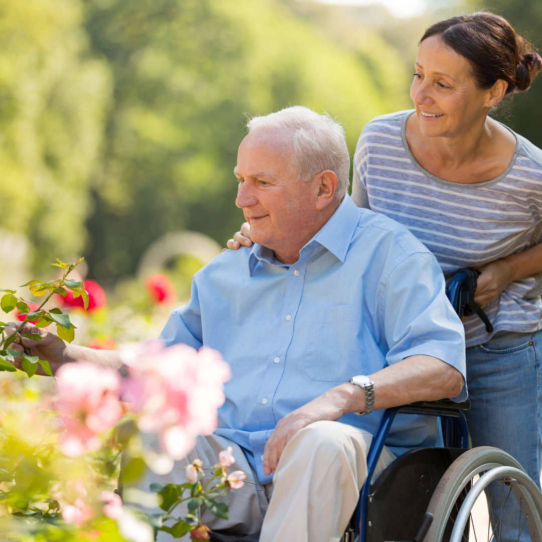 nurse pushing senior man in wheelchair