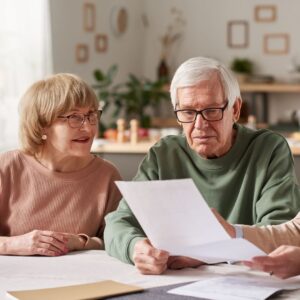 seniors looking at paperwork