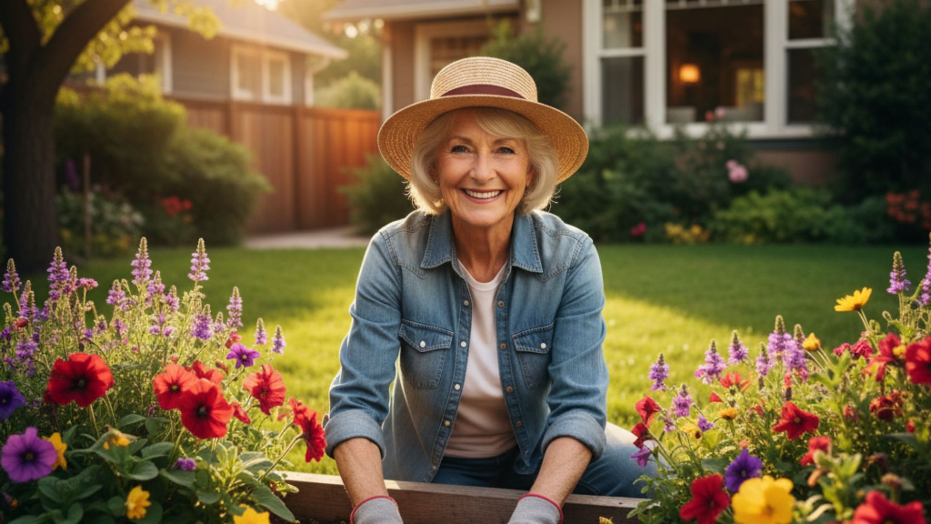 A vibrant senior woman laughing as she gardens, demonstrating an active and independent lifestyle.