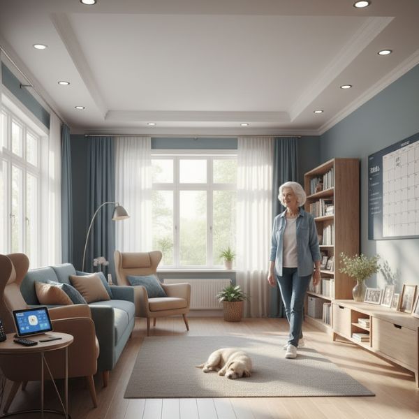 A well-lit and tidy living room, modified for senior safety with clear pathways and no tripping hazards.