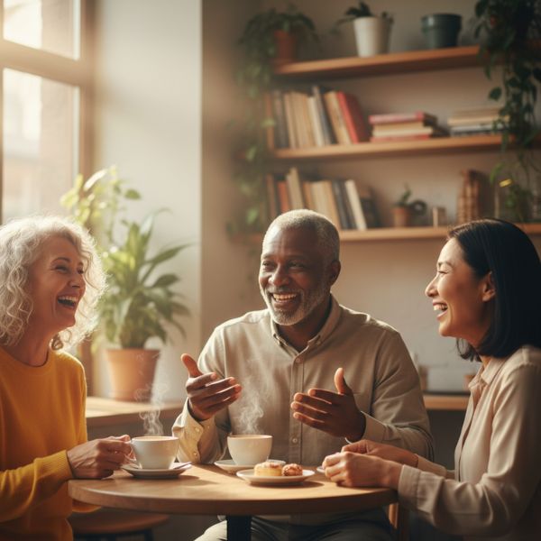 A group of three senior friends enjoying coffee and conversation together at a cozy café.