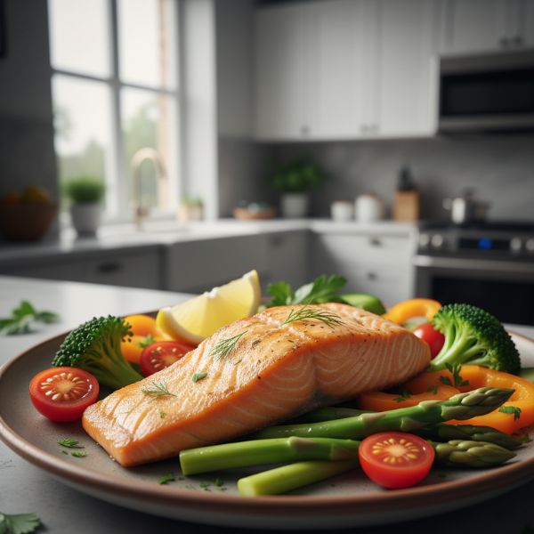 A close-up of a healthy, colorful meal of grilled salmon and fresh vegetables on a plate.