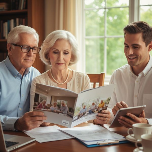 An older couple looking thoughtfully at a brochure for a senior housing community.