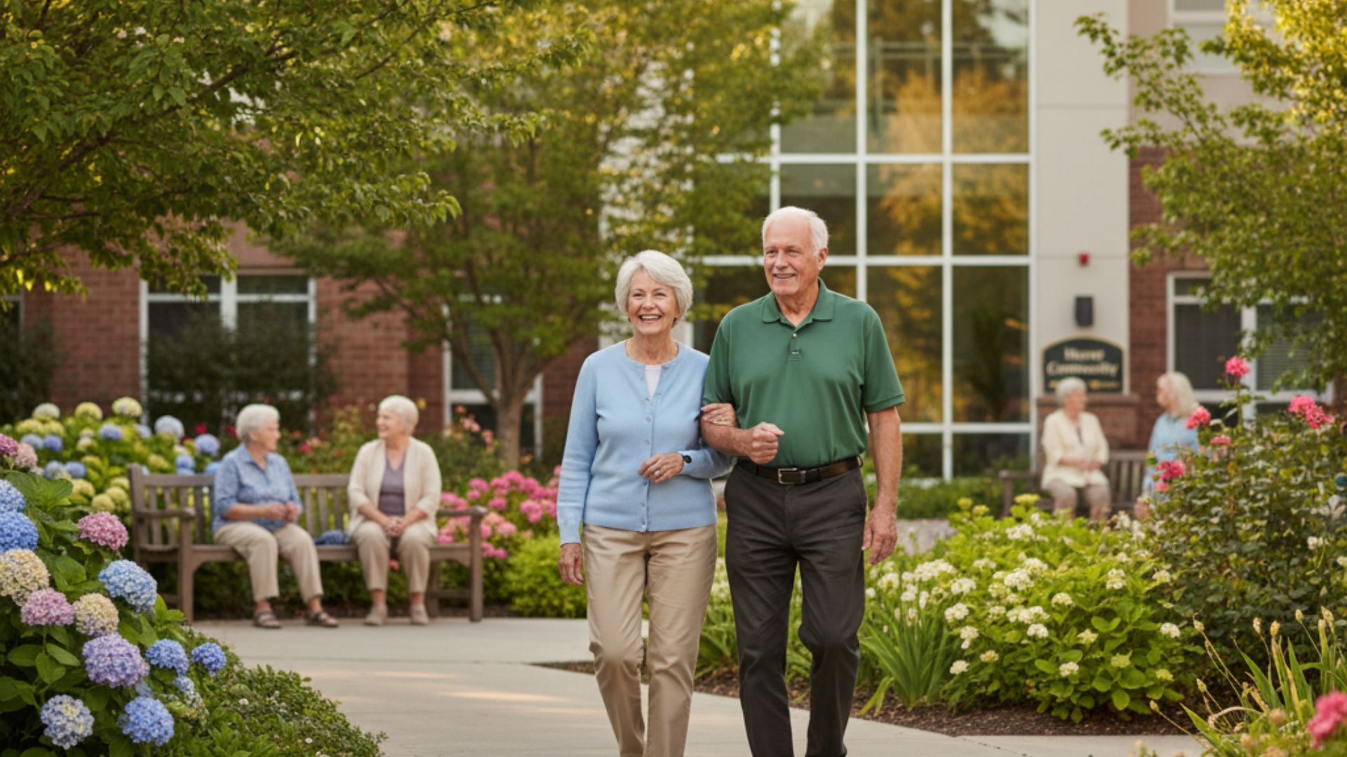 A happy senior couple enjoying a walk in a garden at a Hover Community assisted living home.