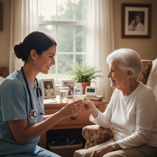 A caregiver assisting a senior woman with her daily medication in a comfortable room.
