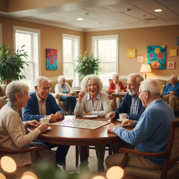 A group of seniors enjoying a social activity together in a bright and welcoming common area.