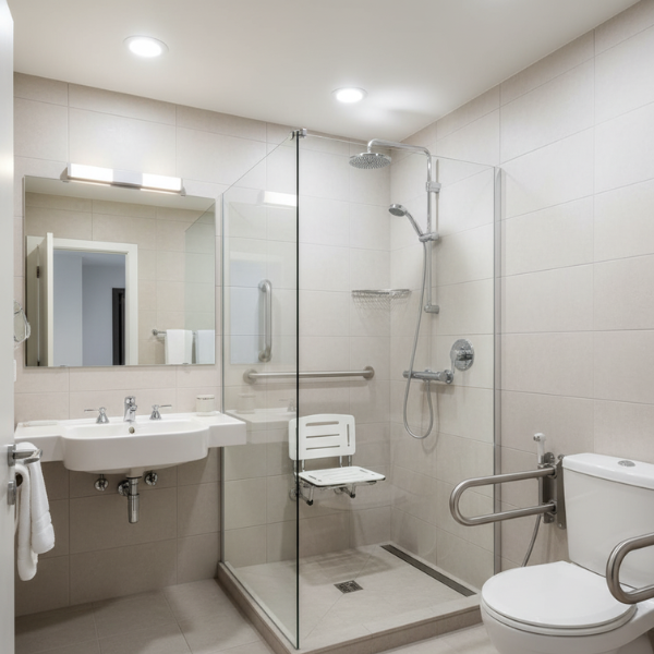 A safe and accessible senior-friendly bathroom with grab bars and a walk-in shower.