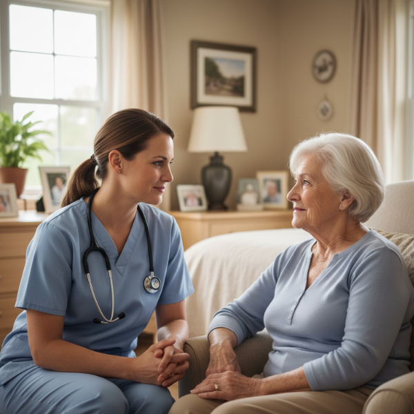 A caring nurse having a conversation with a senior resident in a comfortable and well-lit room.