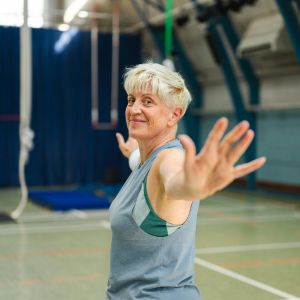 A senior woman exercising.