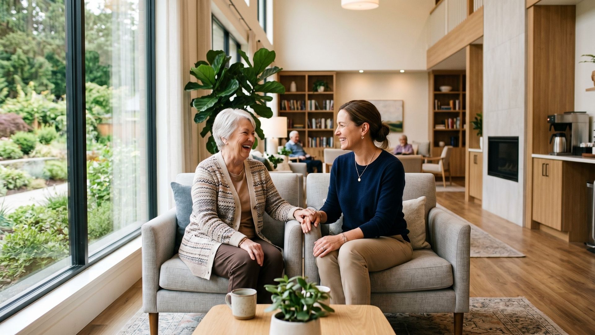 A smiling senior woman and her daughter sit together on a couch looking at photos in a sunlit senior living common area.