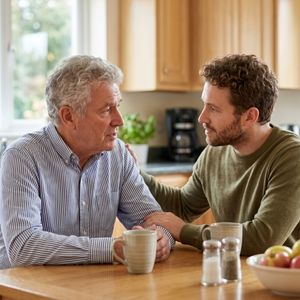A senior man and his adult son have a close, supportive conversation while sitting at a warm wooden kitchen table.