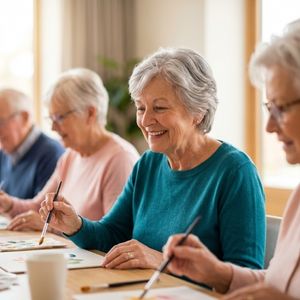 A senior woman with gray hair smiles while painting in a naturally lit community art class.