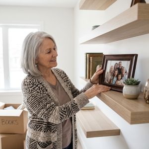 A joyful senior woman places a framed family photograph onto a bookshelf in her brightly lit apartment.