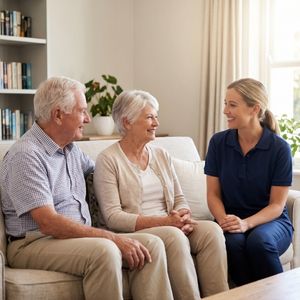 A senior couple sits on a sofa and smiles while speaking with a female staff member in a bright common area.