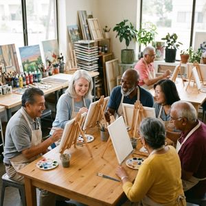 A diverse group of four seniors laughs and chats while painting during an indoor art class.