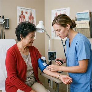 A nurse in blue scrubs carefully checks a senior woman's blood pressure in a well-lit medical office.