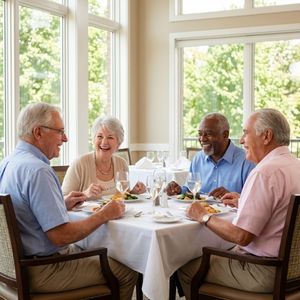 A diverse group of four senior friends shares a meal and laughs together in a brightly lit community dining room.