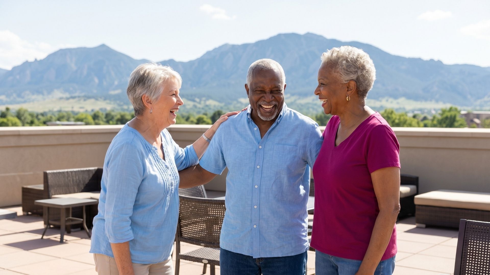 A group of three diverse seniors laugh together on a sunny outdoor patio with the Rocky Mountains in the background.